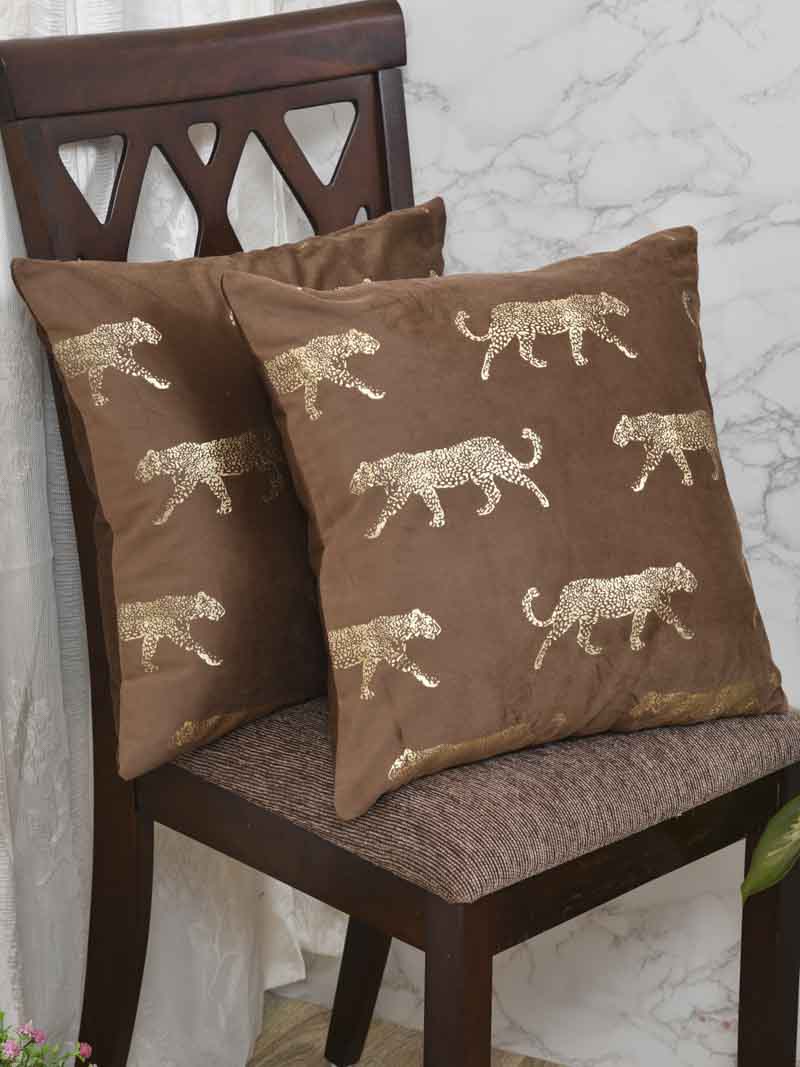 Velvet Cushion Covers; Set of 2; Leopard On Brown