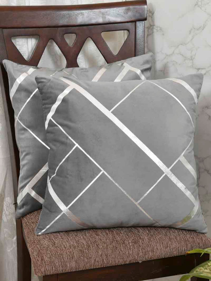 Velvet Cushion Covers; Set of 2; Geometric On Grey