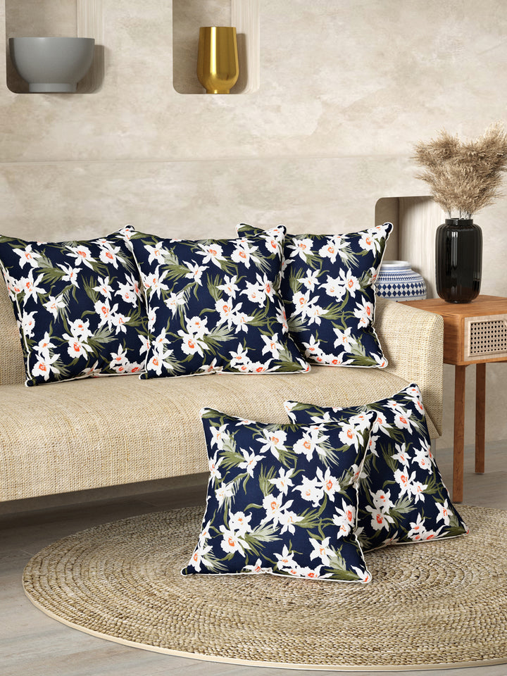 Cushion Cover Set Of 5; White Flowers