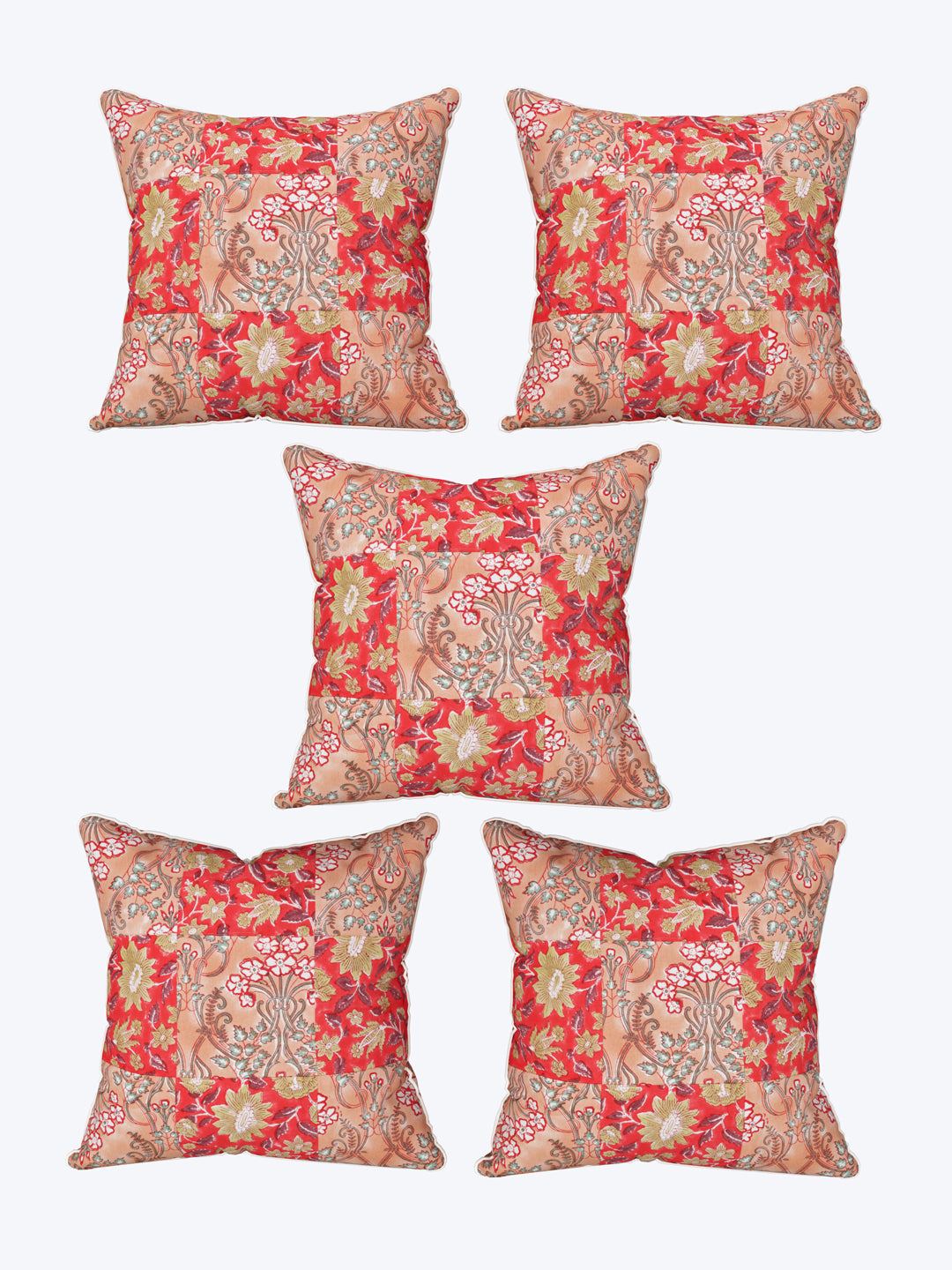 Cushion Cover Set Of 5; Peach Red Block Print