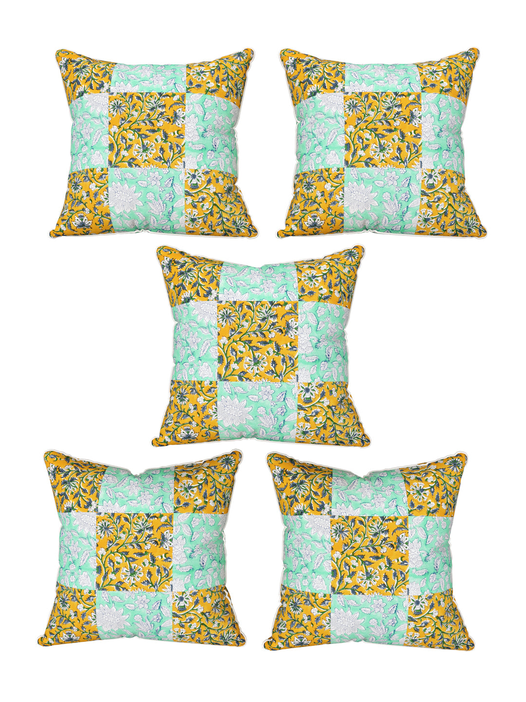 Cushion Cover Set Of 5; Yellow Green Block Print