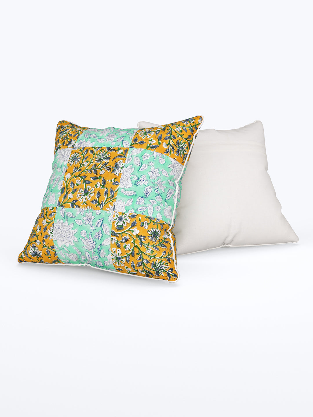 Cushion Cover Set Of 5; Yellow Green Block Print