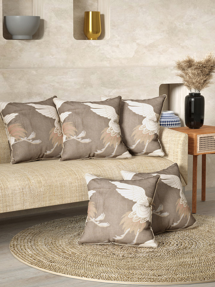 Cushion Cover Set Of 5; Bird On Brown