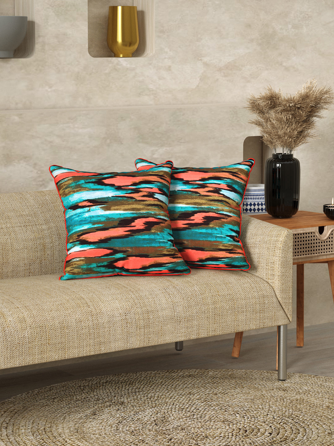 Cushion Covers Set of 2; Orange Aqua Abstract