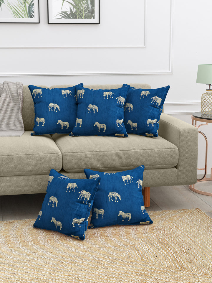 Velvet Cushion Covers; Set of 5; Zebra On Blue