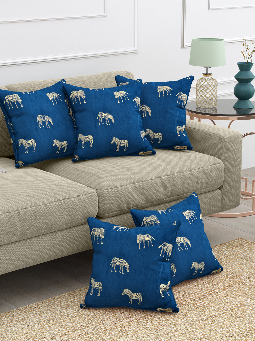 Velvet Cushion Covers; Set of 5; Zebra On Blue