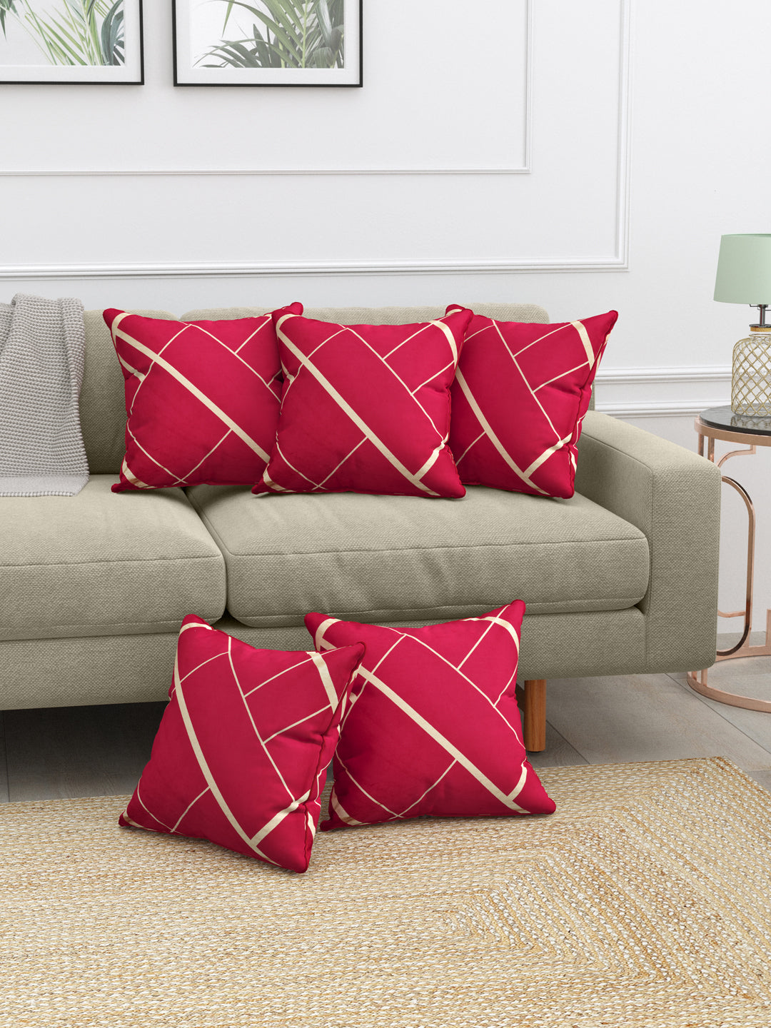 Velvet Cushion Covers; Set of 5; Geometric On Red