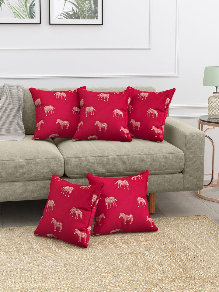 Velvet Cushion Covers; Set of 5; Zebra On Red