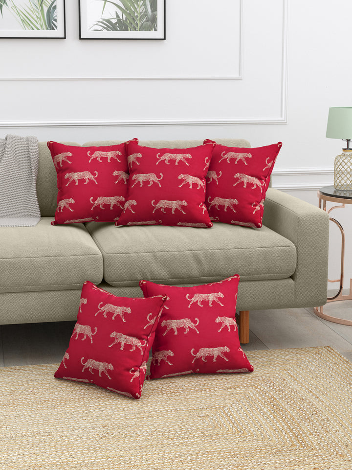 Velvet Cushion Covers; Set of 5; Leopard On Red