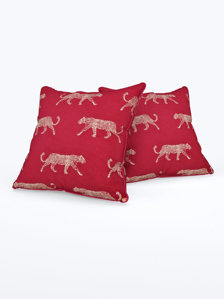 Velvet Cushion Covers; Set of 5; Leopard On Red