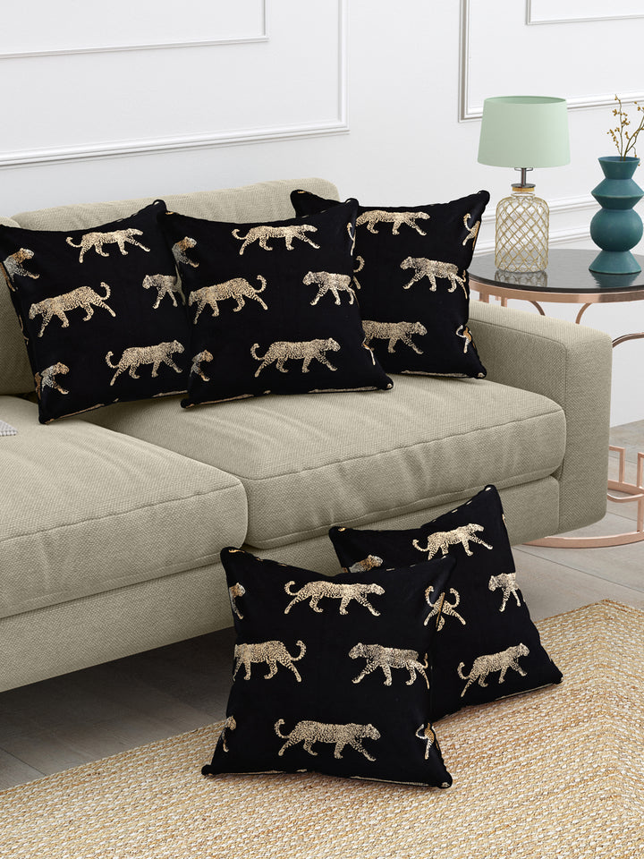Velvet Cushion Covers; Set of 5; Leopard On Black