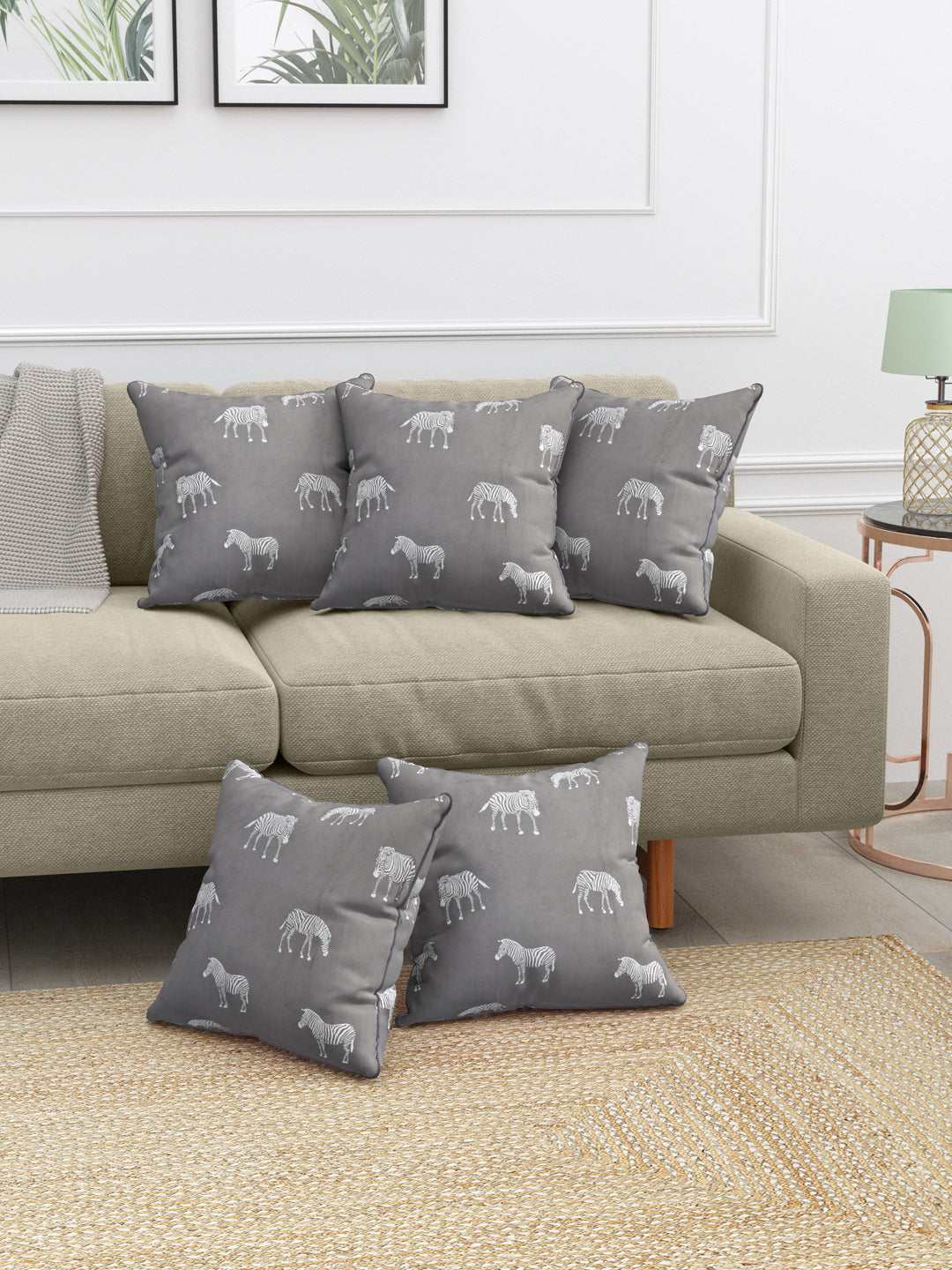 Velvet Cushion Covers; Set of 5; Zebra On Grey