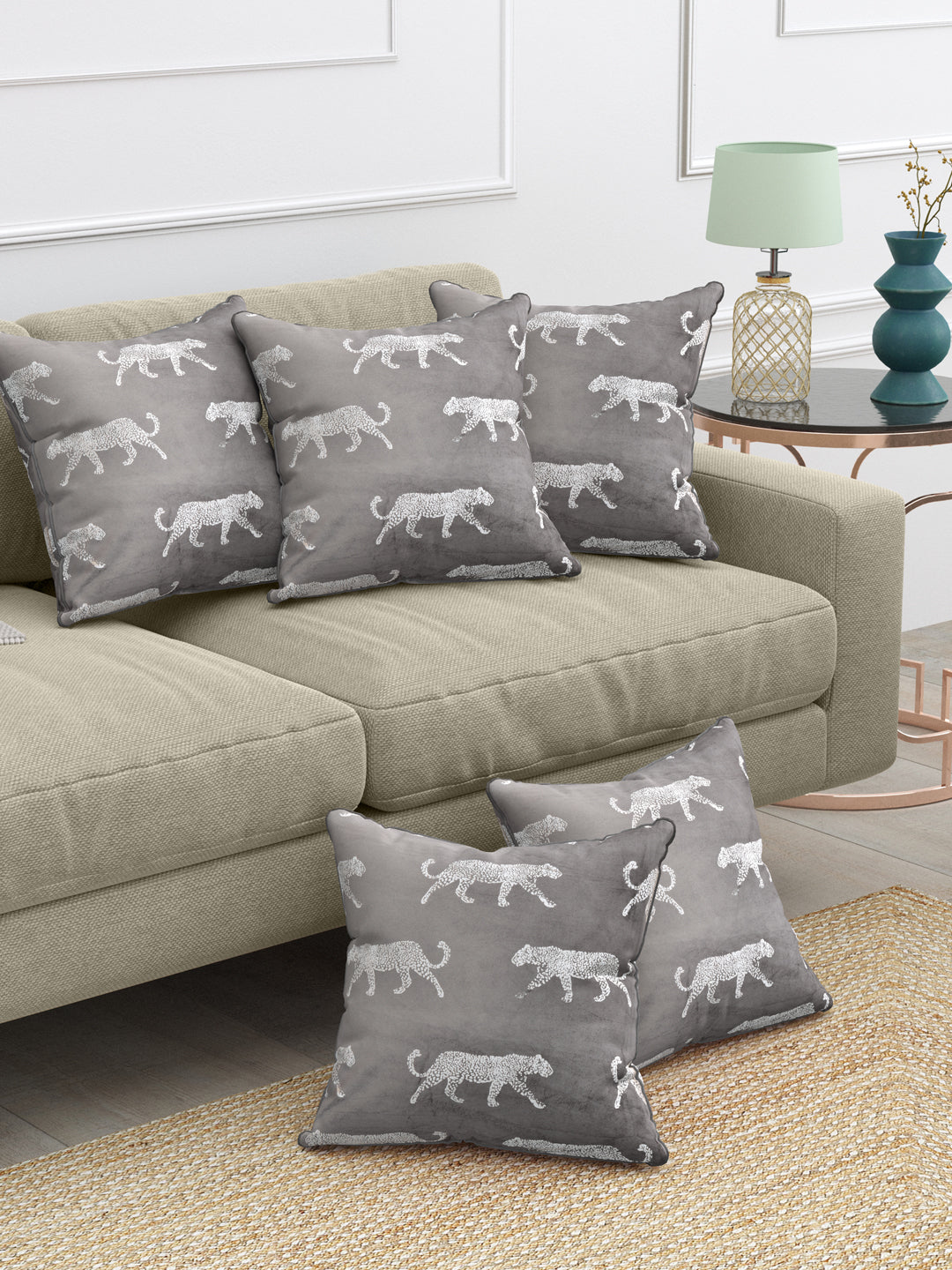 Velvet Cushion Covers; Set of 5; Leopard On Grey