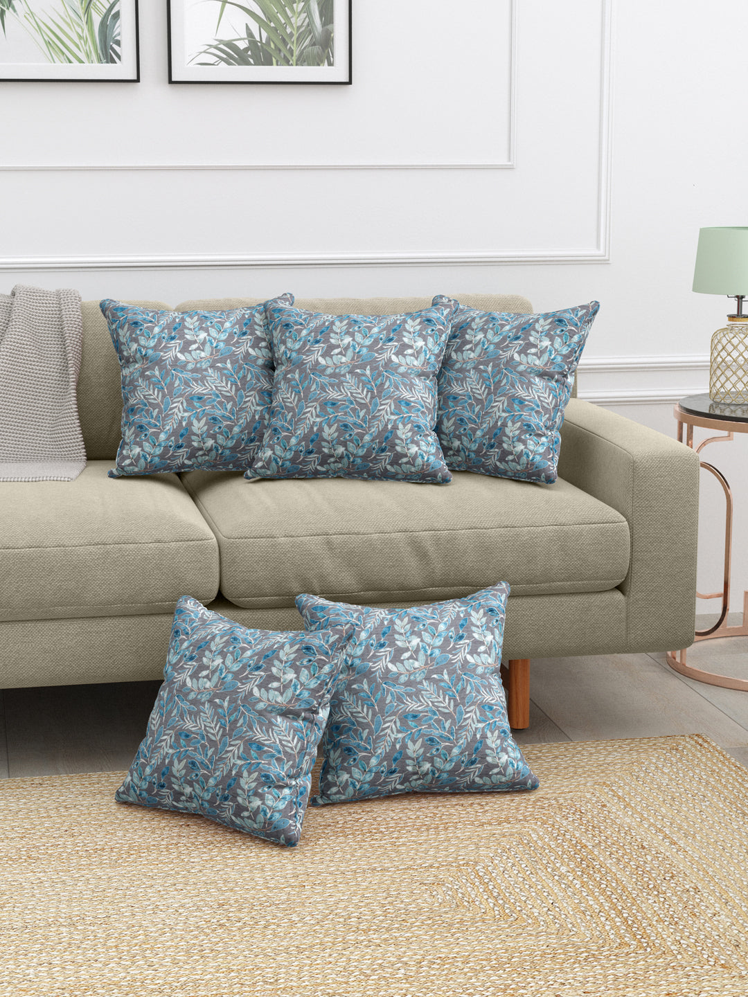 Cotton Cushion Covers; 16x16 Inches; Set of 5; Blue Leaves
