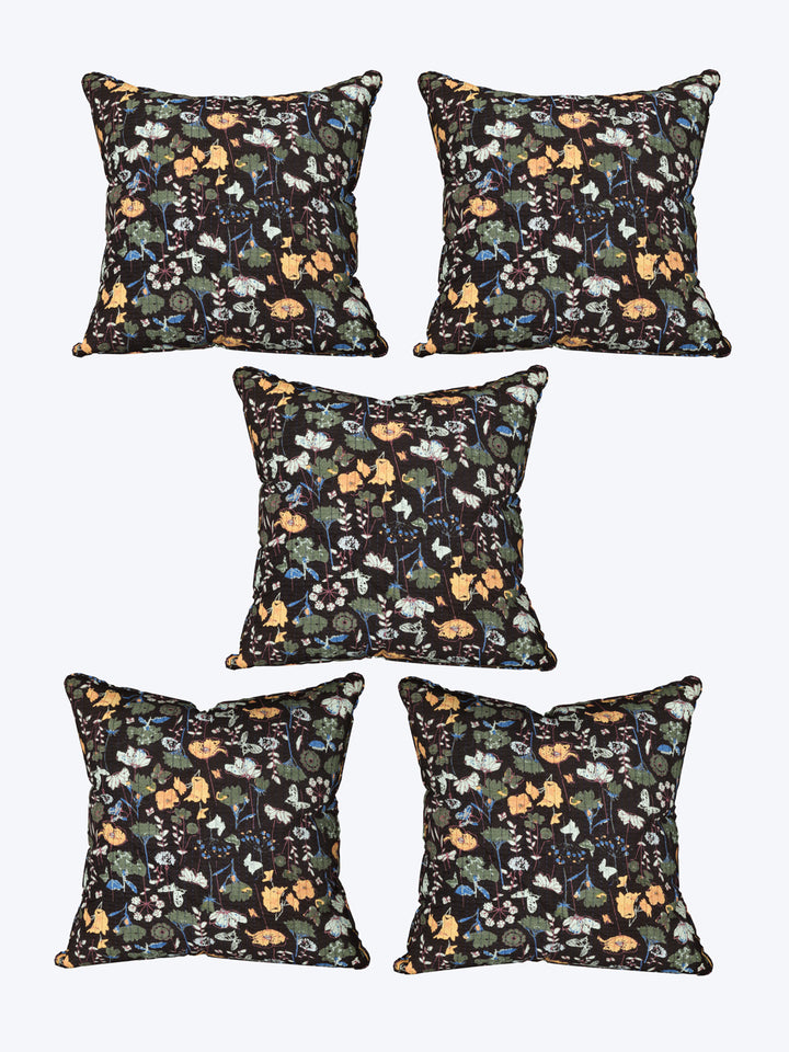 Cotton Cushion Covers; 16x16 Inches; Set of 5; Yellow Green Flowers