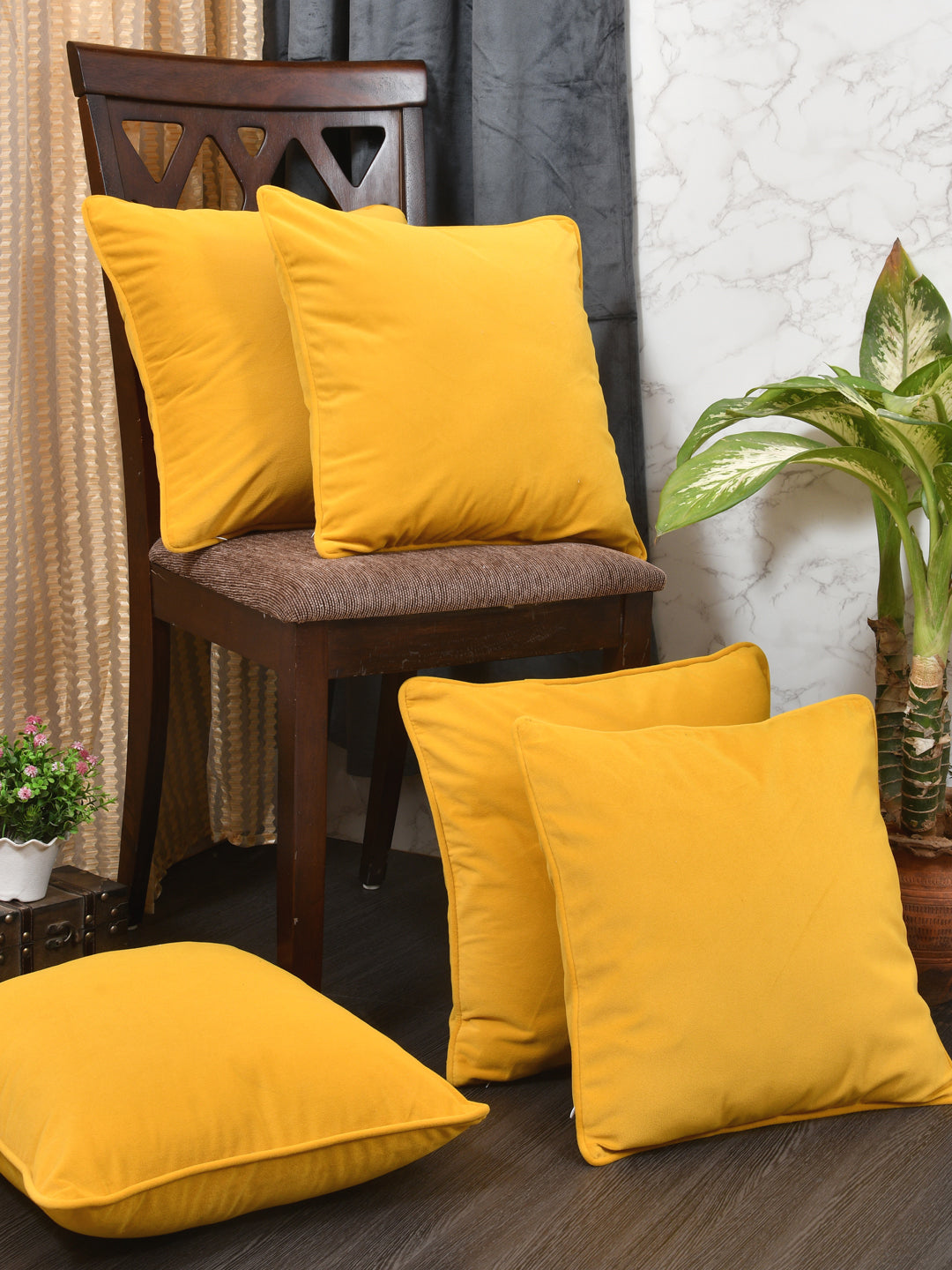 Velvet Cushion Covers; Set of 5; Amber Yellow