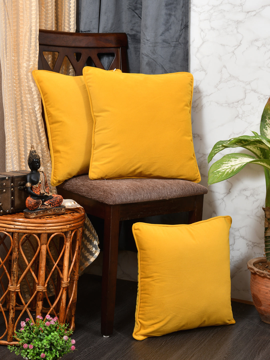 Velvet Cushion Covers; Set of 3; Amber Yellow