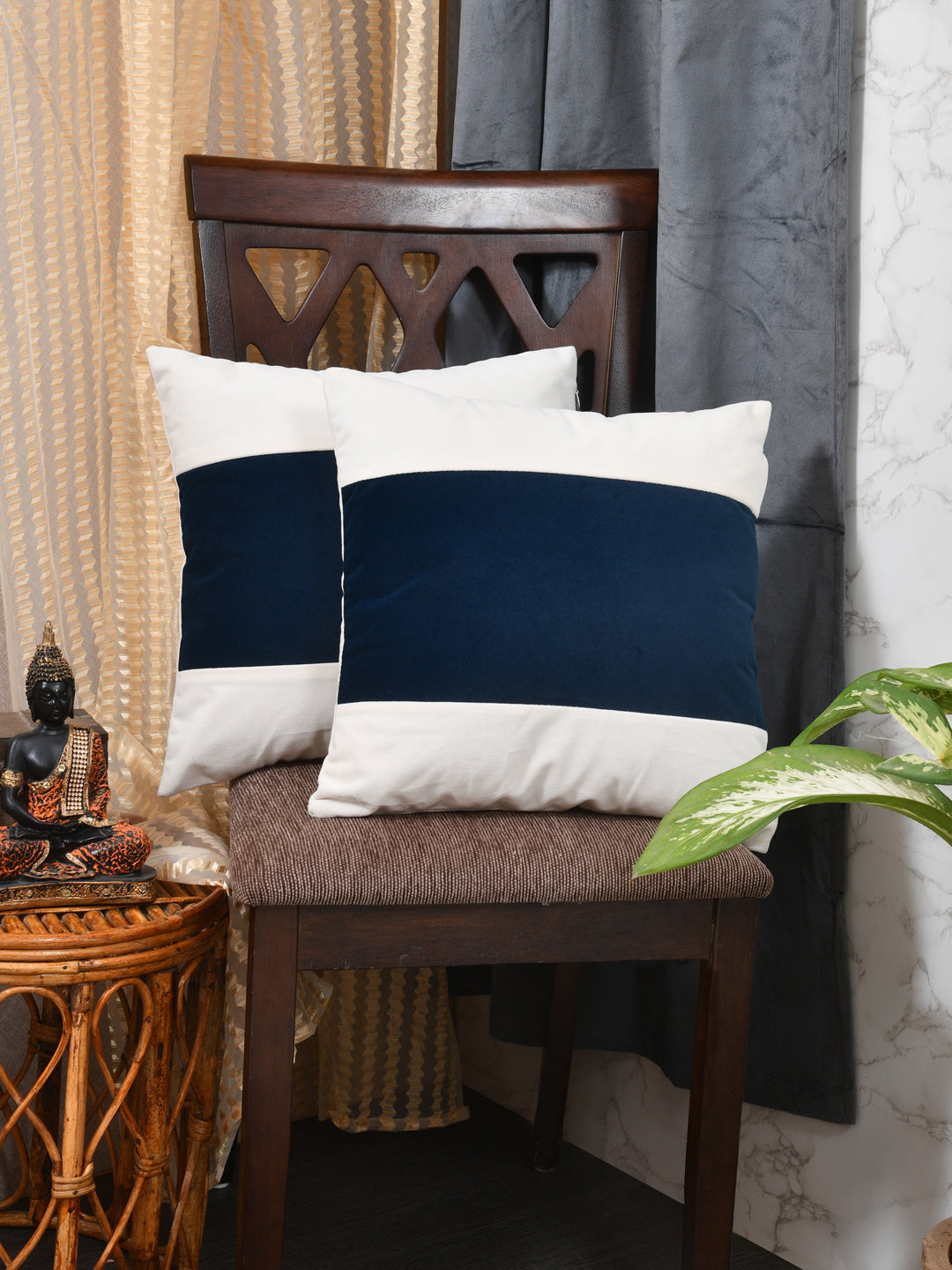 Velvet Cushion Covers; Set of 2; Blue & White Stripes