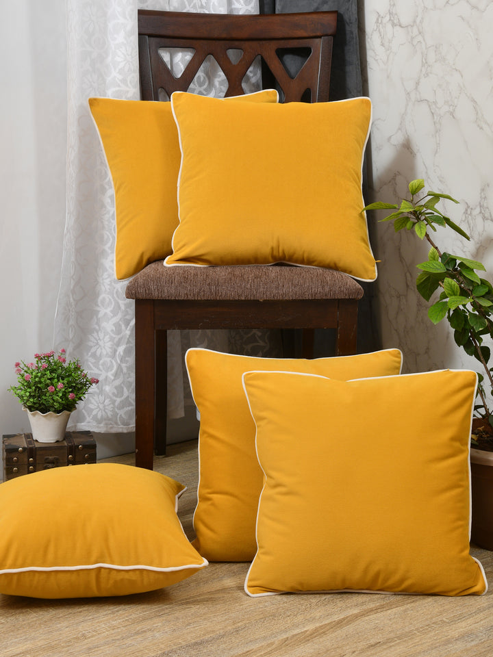 Velvet Cushion Covers; Set of 5; Amber Yellow With White Piping