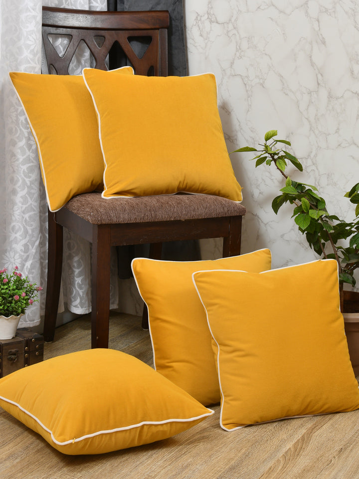 Velvet Cushion Covers; Set of 5; Amber Yellow With White Piping