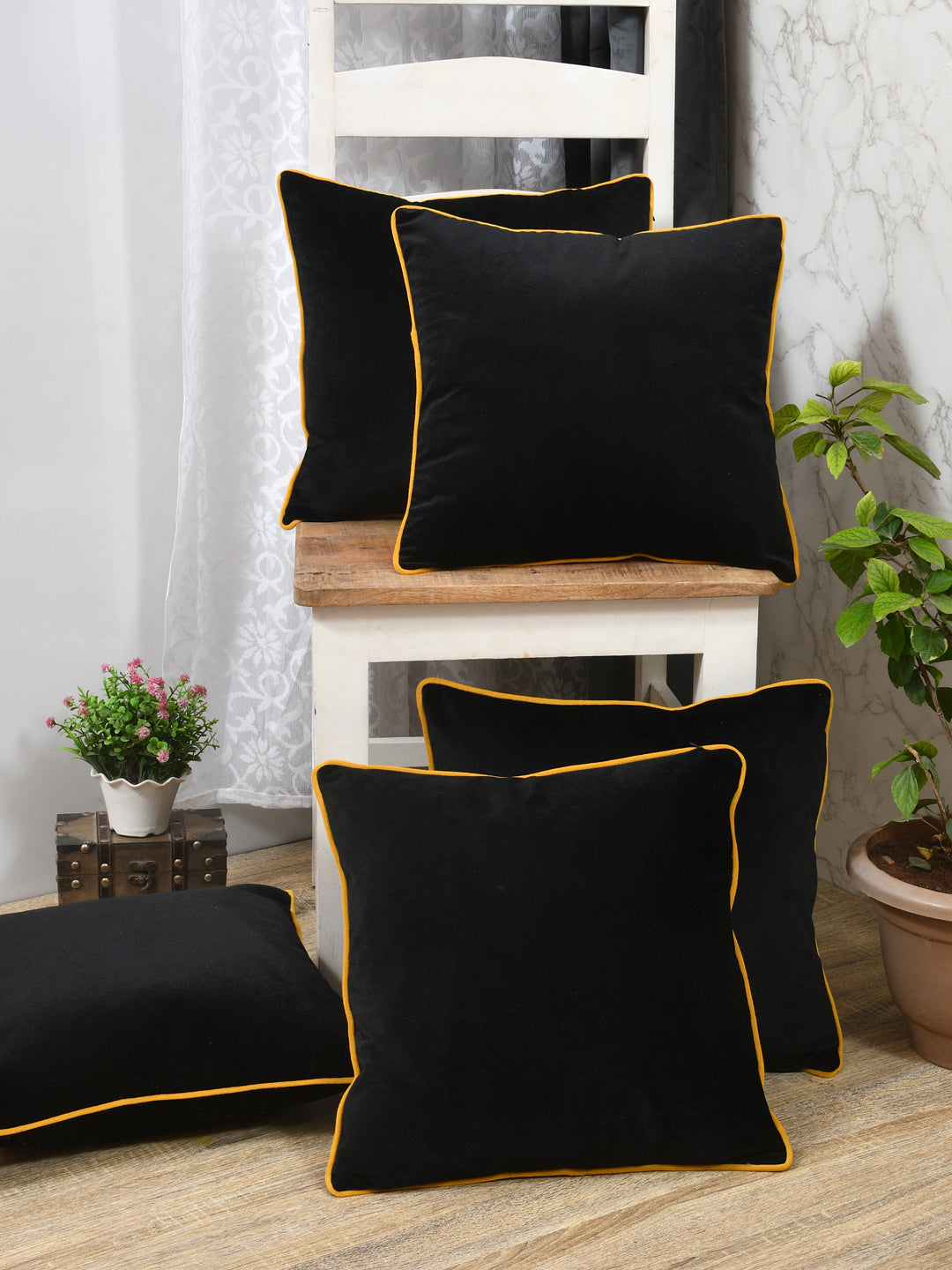 Velvet Cushion Covers; Set of 5; Black With Yellow Piping