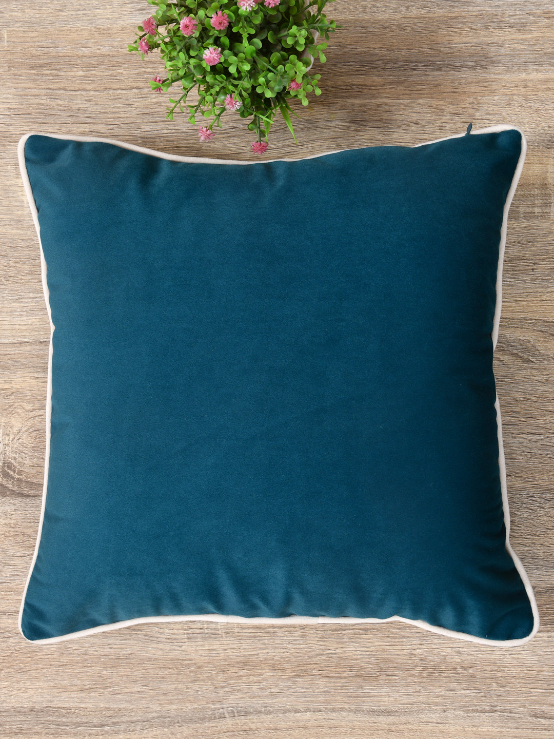 Velvet Cushion Covers; Set of 5; Teal With White Piping