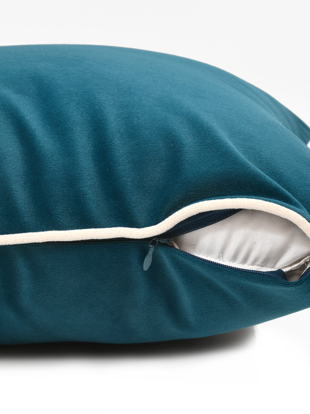 Velvet Cushion Covers; Set of 5; Teal With White Piping