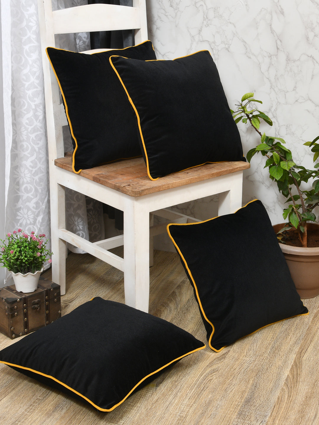 Velvet Cushion Covers; Set of 4; Black With Yellow Piping