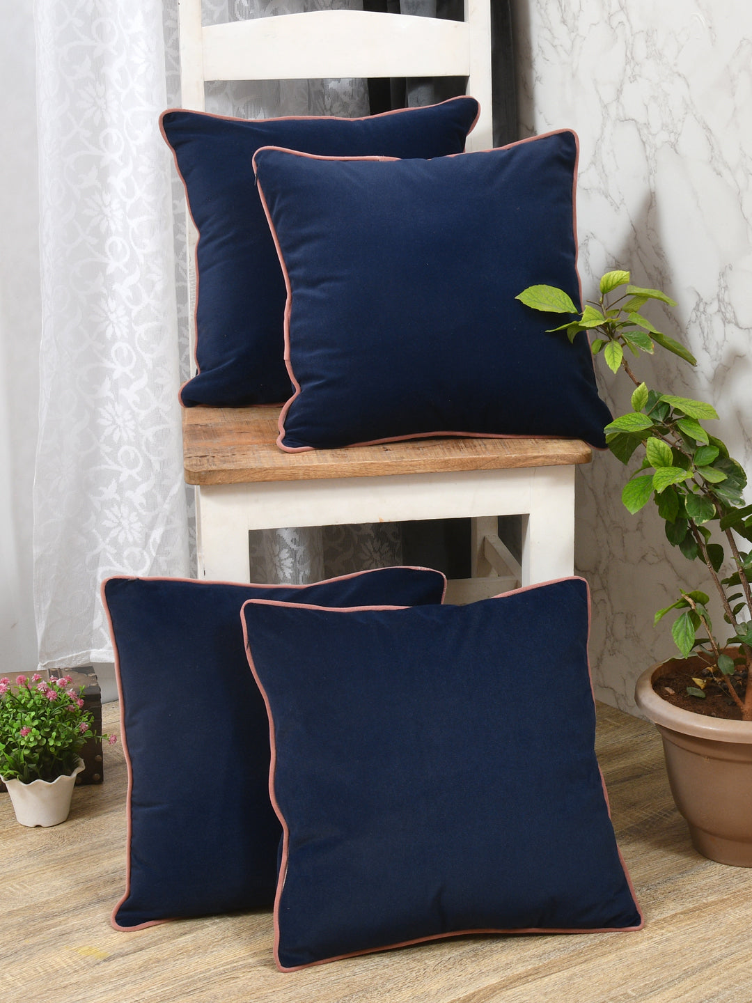 Velvet Cushion Covers; Set of 4; Blue With Pink Piping