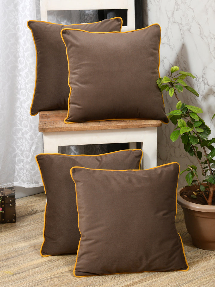 Velvet Cushion Covers; Set of 4; Caramel Brown With Yellow Piping