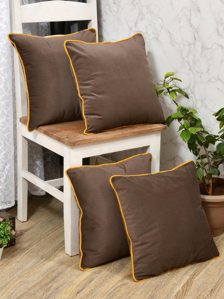 Velvet Cushion Covers; Set of 4; Caramel Brown With Yellow Piping