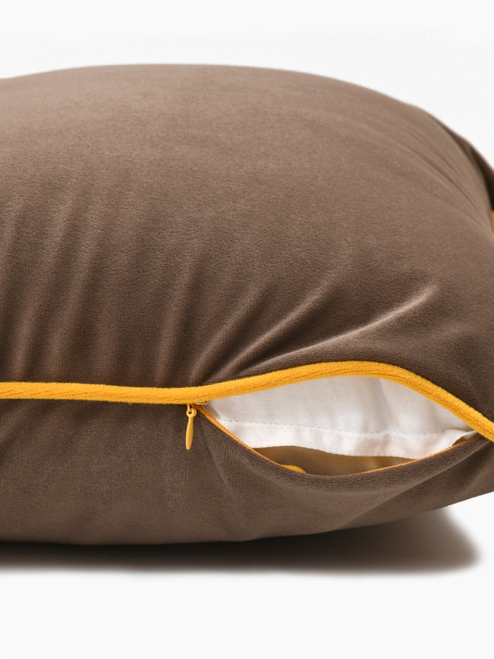 Velvet Cushion Covers; Set of 4; Caramel Brown With Yellow Piping