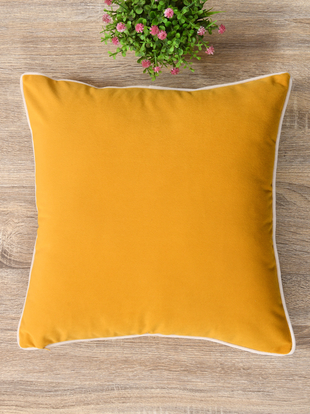Velvet Cushion Covers; Set of 3; Amber Yellow With White Piping