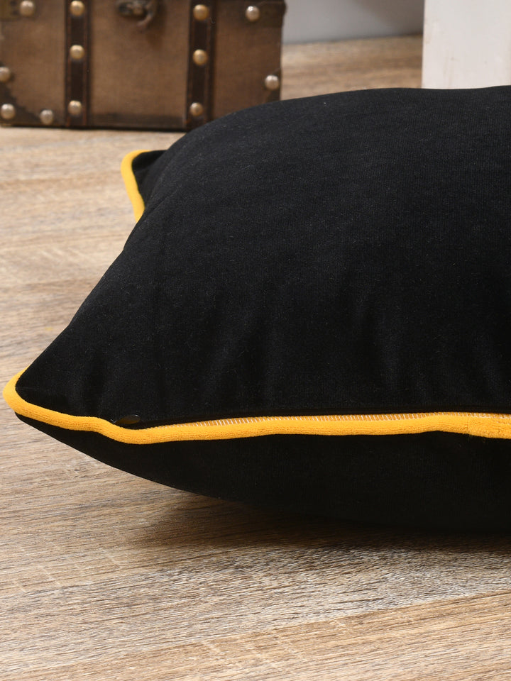 Velvet Cushion Covers; Set of 3; Black With Yellow Piping
