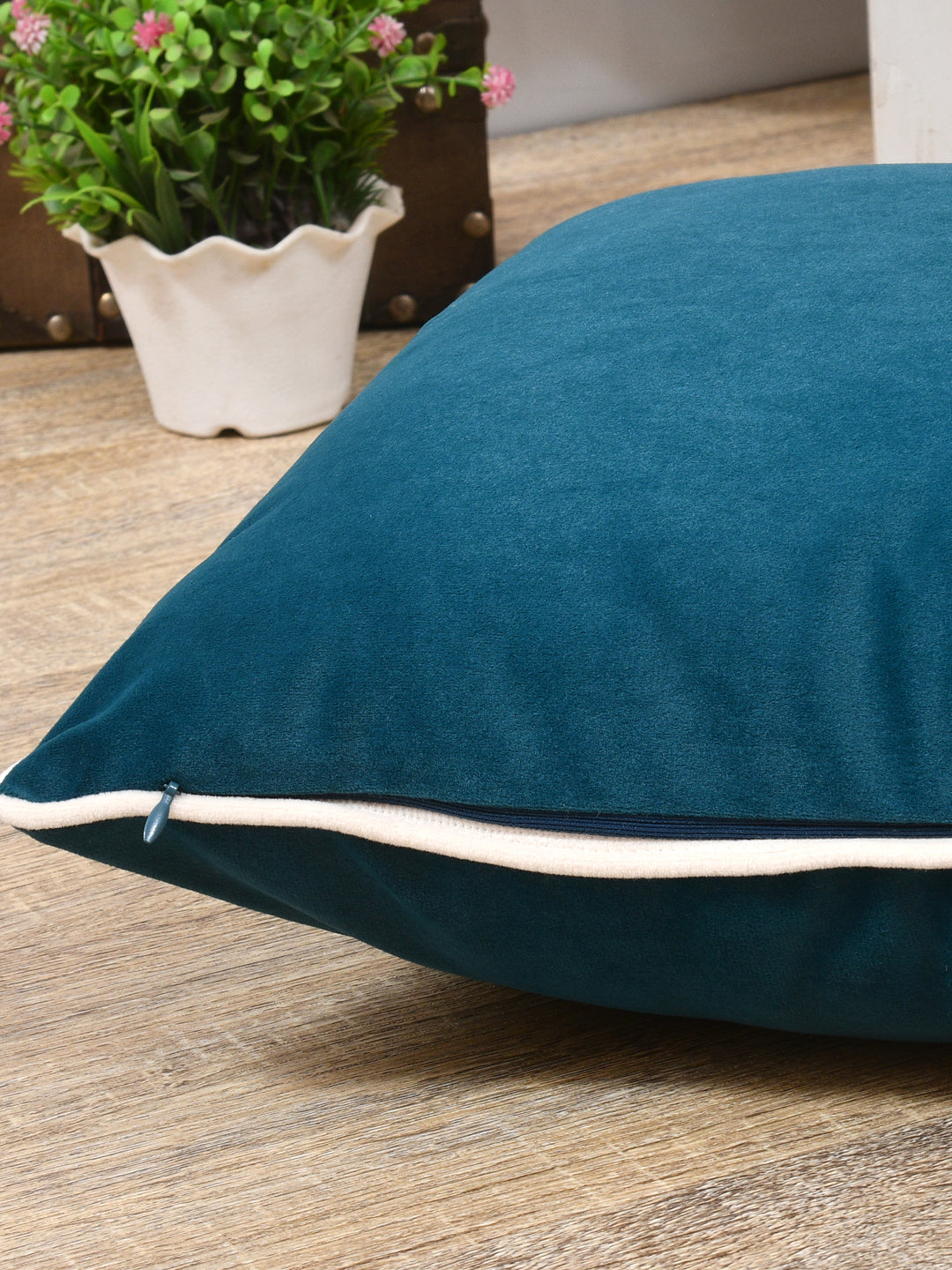 Velvet Cushion Covers; Set of 3; Teal With White Piping