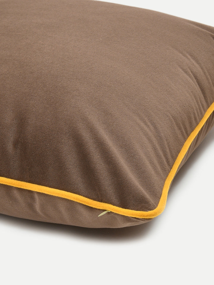 Velvet Cushion Covers; Set of 3; Caramel Brown With Yellow Piping