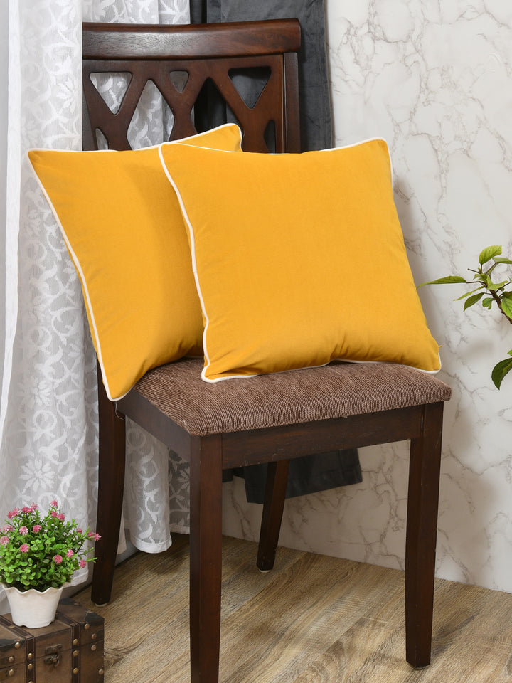 Velvet Cushion Covers; Set of 2; Amber Yellow With White Piping