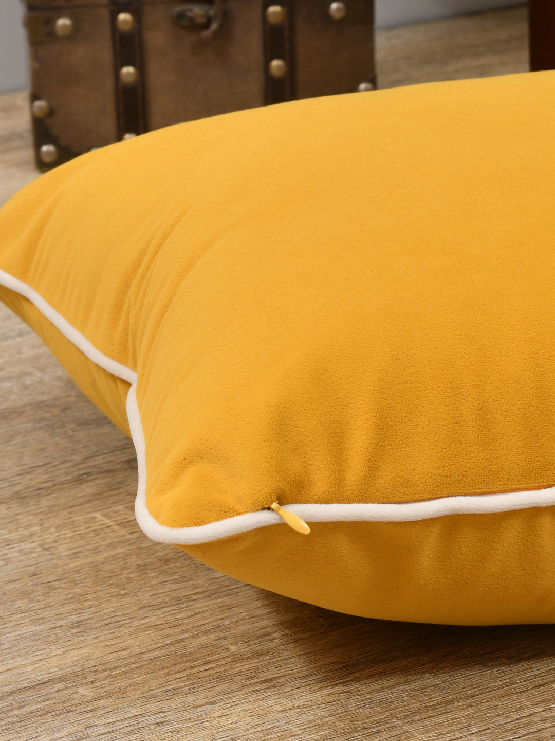 Velvet Cushion Covers; Set of 2; Amber Yellow With White Piping