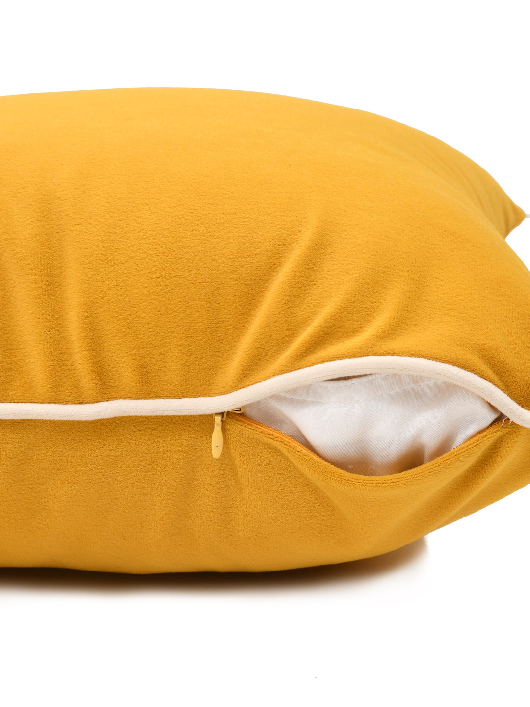 Velvet Cushion Covers; Set of 2; Amber Yellow With White Piping