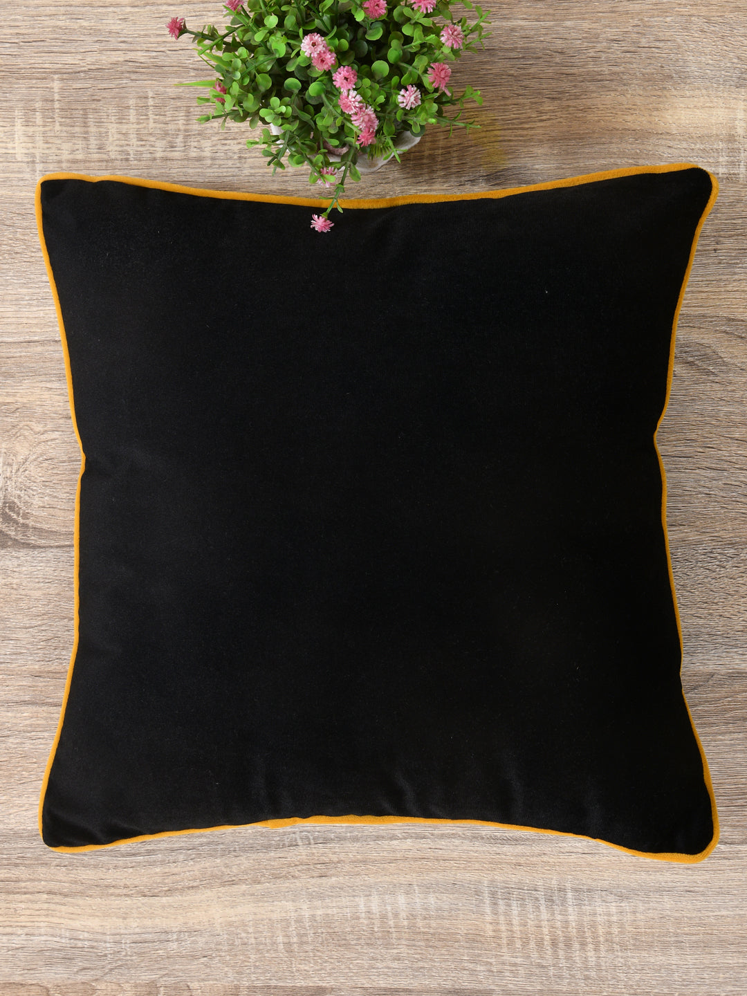 Velvet Cushion Covers; Set of 2; Black With Yellow Piping