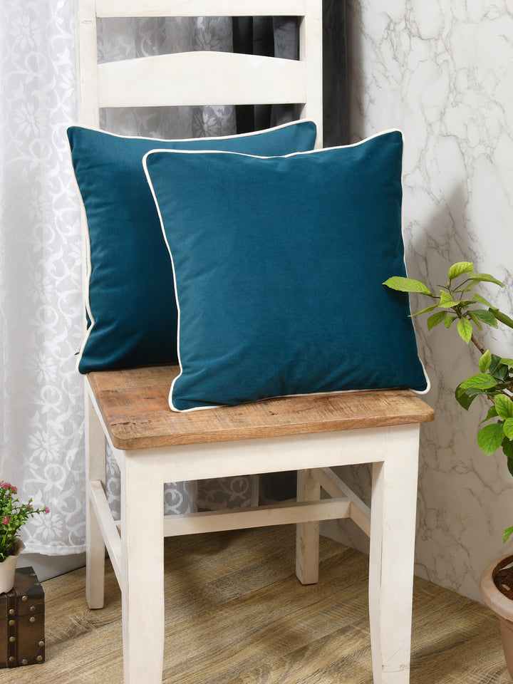 Velvet Cushion Covers; Set of 2; Teal With White Piping