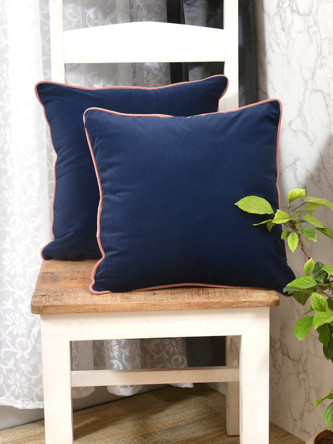 Velvet Cushion Covers; Set of 2; Blue With Pink Piping