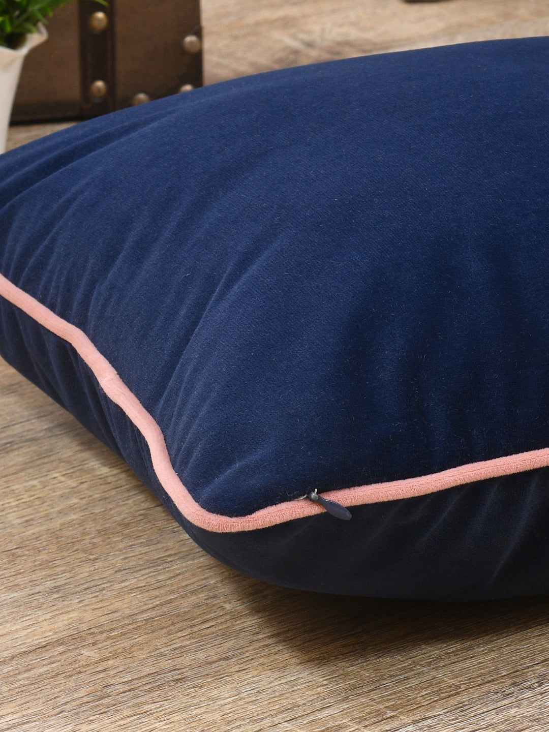 Velvet Cushion Covers; Set of 2; Blue With Pink Piping