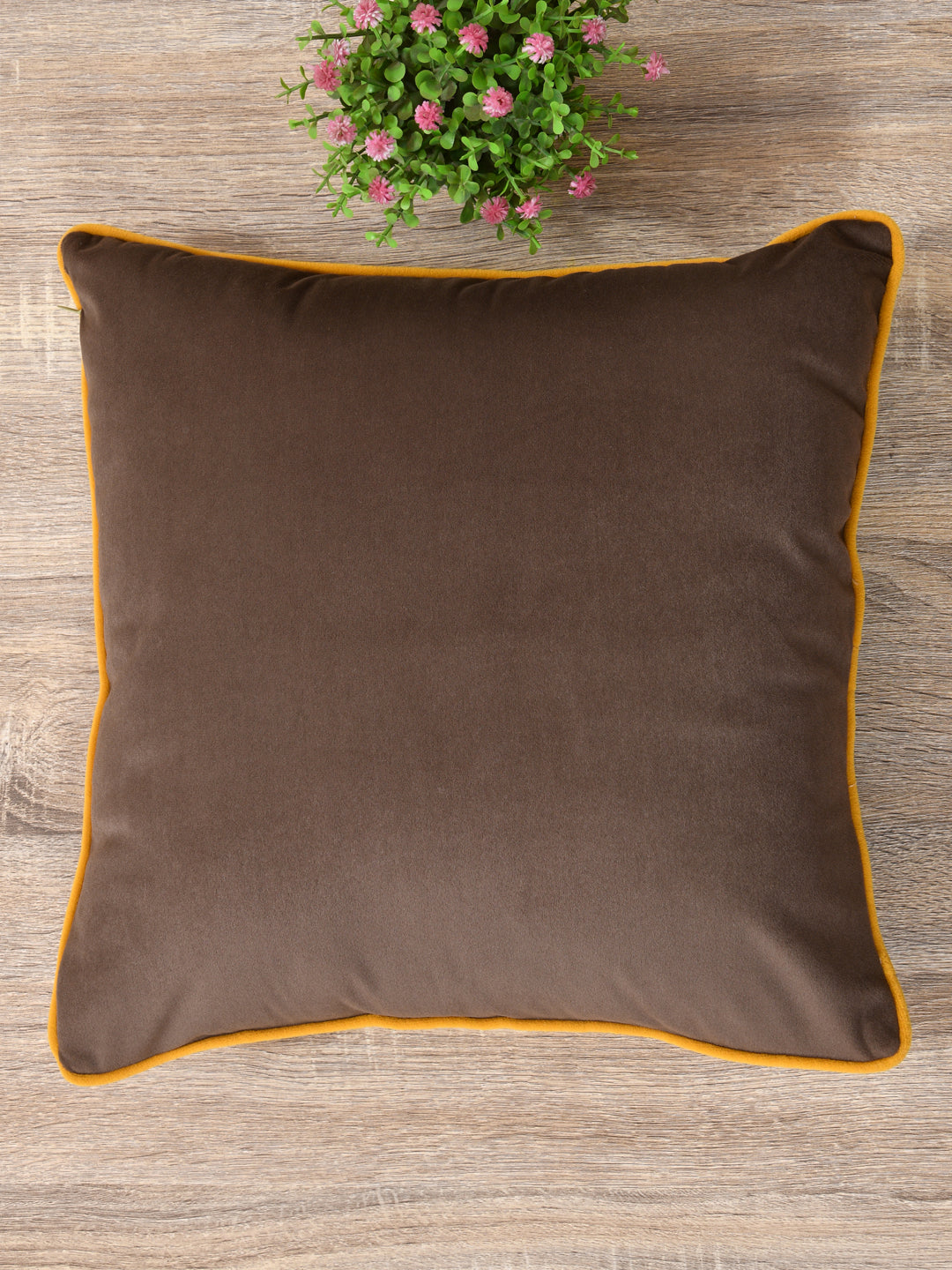 Velvet Cushion Covers; Set of 4; Caramel Brown With Yellow Piping