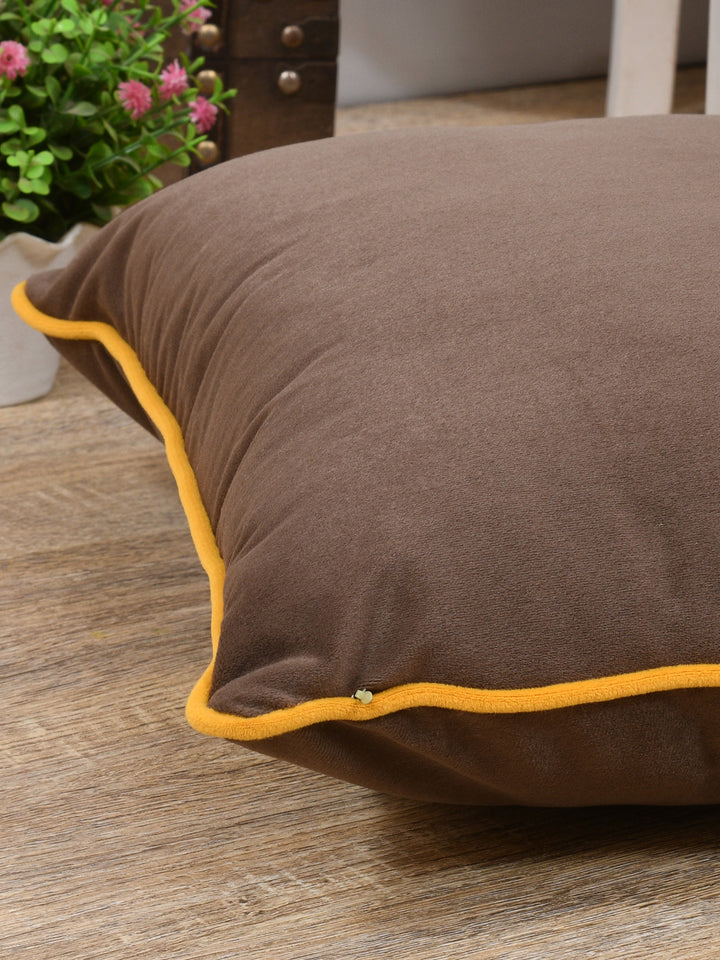 Velvet Cushion Covers; Set of 2; Caramel Brown With Yellow Piping