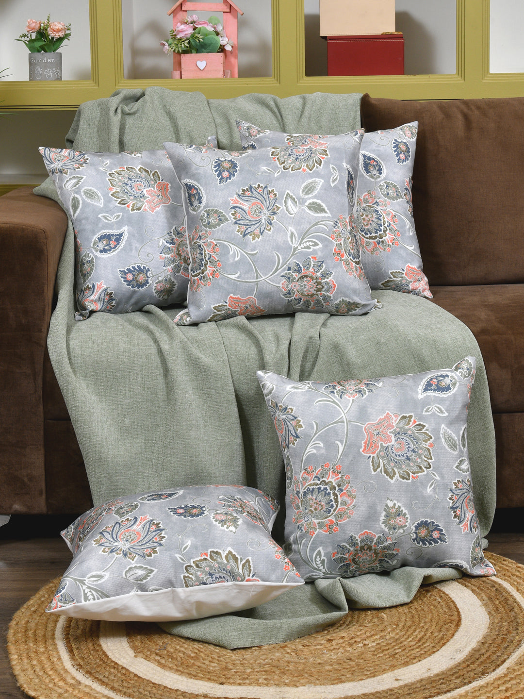 Cushion Covers Set Of 5; Flowers On Grey