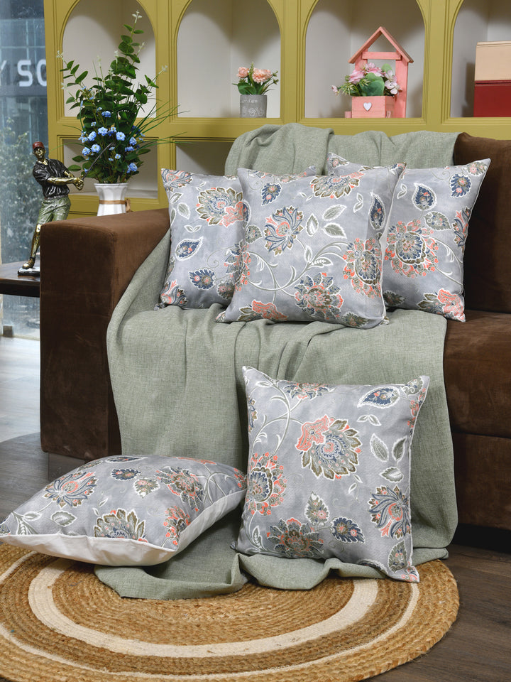 Cushion Covers Set Of 5; Flowers On Grey