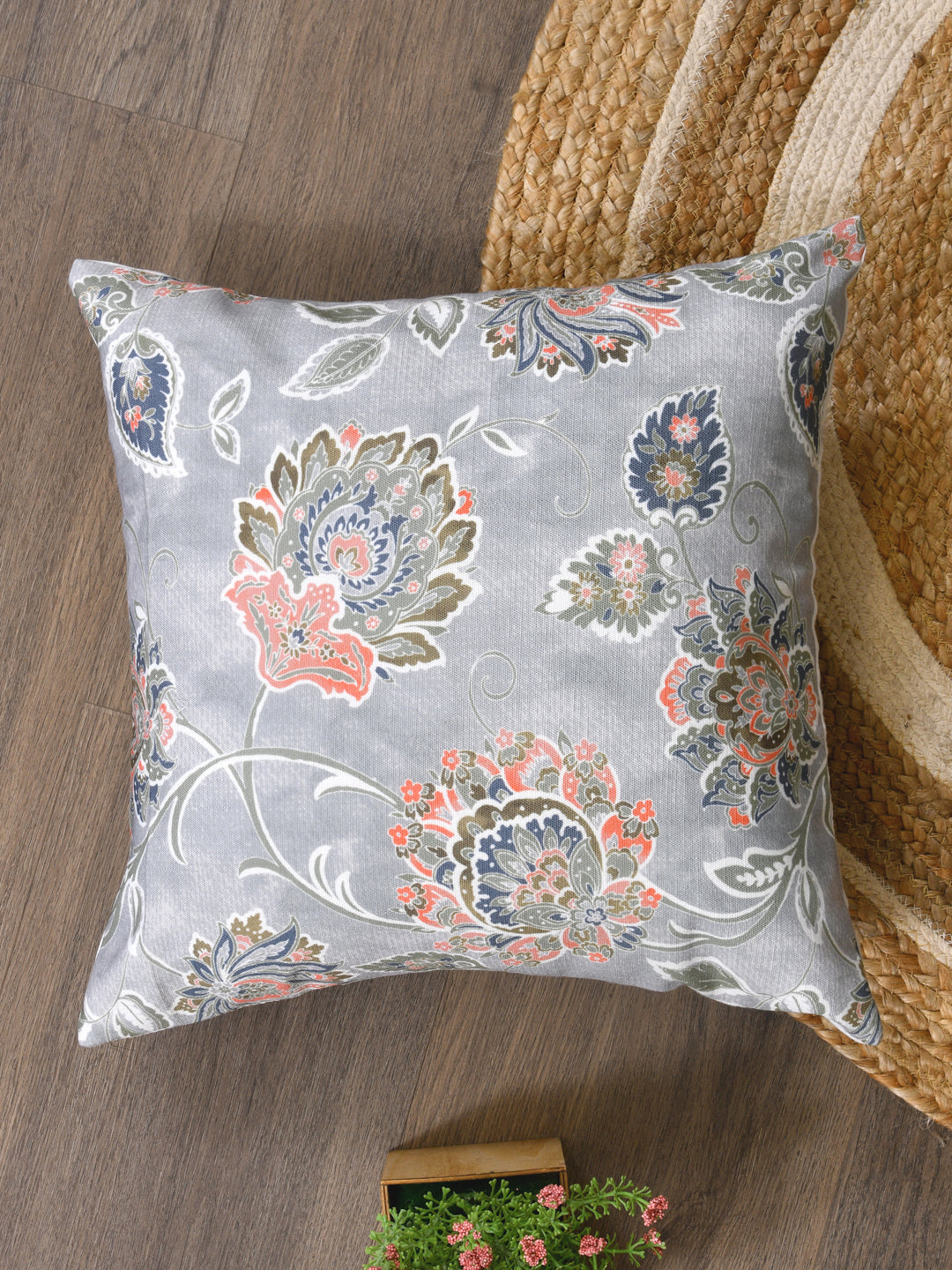 Cushion Covers Set Of 5; Flowers On Grey