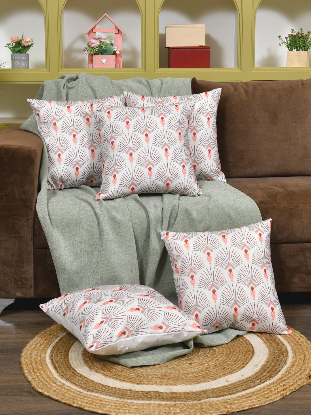 Cushion Covers Set Of 5; Peach On White