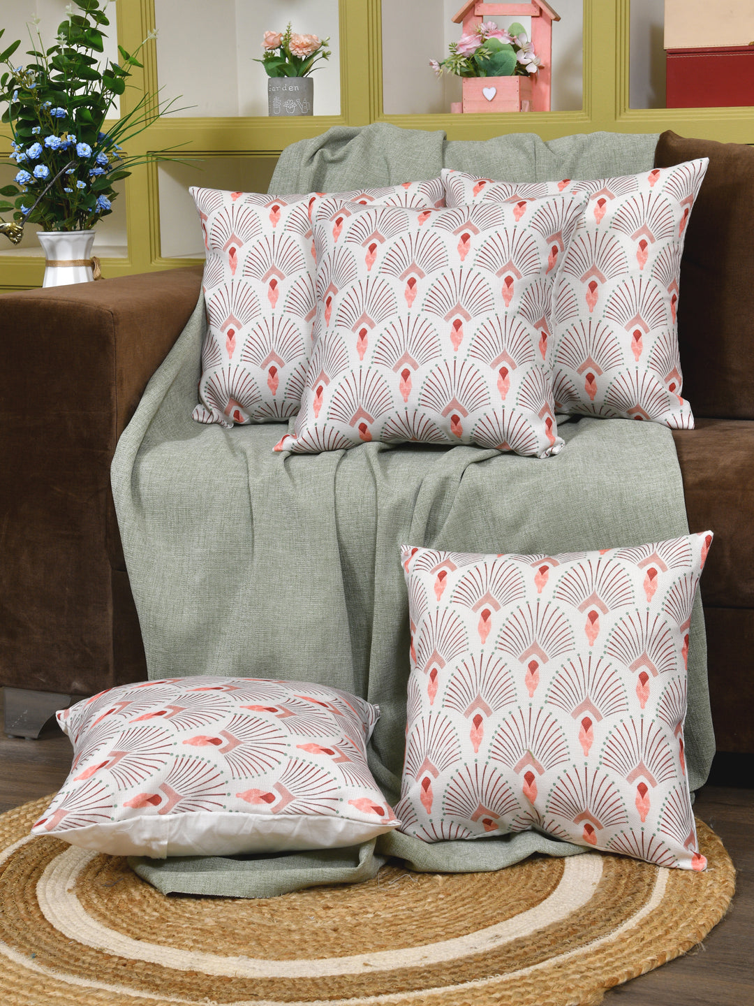 Cushion Covers Set Of 5; Peach On White